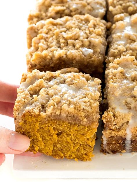 This Pumpkin Coffee Cake with streusel topping and glaze is perfect for breakfast or dessert, and only requires a few staple ingredients. Best Pumpkin Coffee Cake, Pumpkin Coffee Cake With Streusel, Pumpkin Coffee Cake, Pumpkin Coffee Cakes, Pumpkin Recipes Dessert, Pumpkin Coffee, Pumpkin Spice Coffee, Coffee Cake Recipes, Spiced Coffee