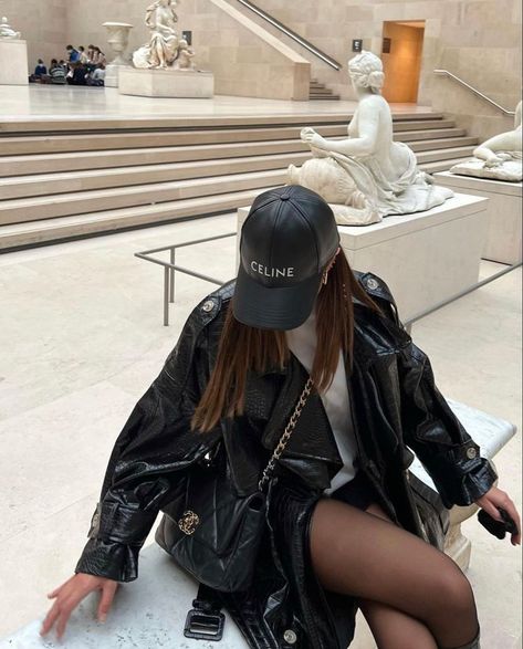 Hey babes, is this leather biker jacket just fab? 💋 Share your fave ways to style it! ⬇️ #ASOS #BikerJacket #LeatherJacket #PetiteFashion If We Vibe We Vibe, Celine Outfit, Instagram Amsterdam, Chanel Classic Flap Bag, Stockings Outfit, Cap Outfit, The Louvre, Black Accessories, Leather Cap