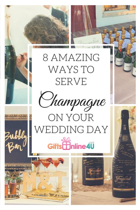 Did you know there are many ways you can serve champagne on your Wedding Day? From Personalised Champagne Guest Books to an unusual way of open a bottle of Champagne.  Discover 8 Amazing Ways To Serve Champagne >> https://bit.ly/2HNDy8E How To Serve Champagne At A Wedding, Serving Champagne Ideas, Champagne Serving Ideas, Champagne Table Wedding, Wedding Champagne Table, Champagne Bar Wedding, Champagne Toast Wedding, Small Champagne Bottles, Champagne Centerpiece