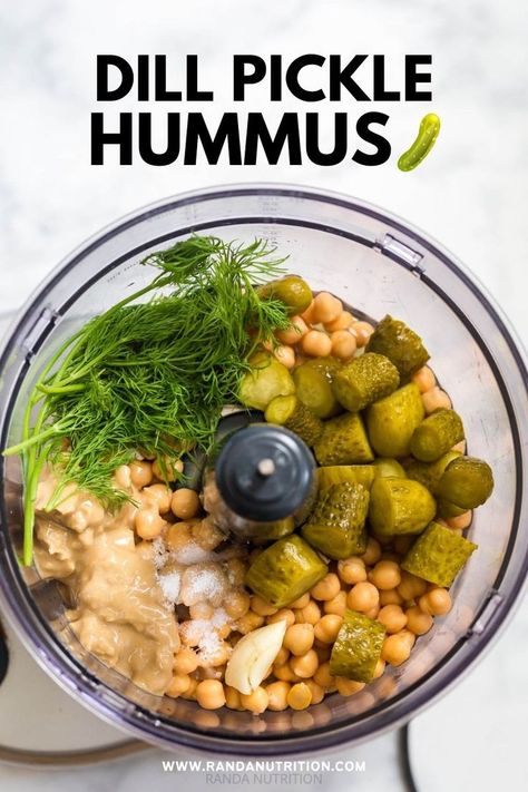 chickpeas, pickles, dill, tahini, garlic in a food processor. Dill Pickle Hummus Without Tahini, Dill Pickle Hummus Recipe, Healthy Pickle Recipes, Pickled Chickpeas, Dill Hummus Recipe, Recipes With Pickles, Pickle Hummus Recipe, Pickle Snacks, Dill Pickle Hummus