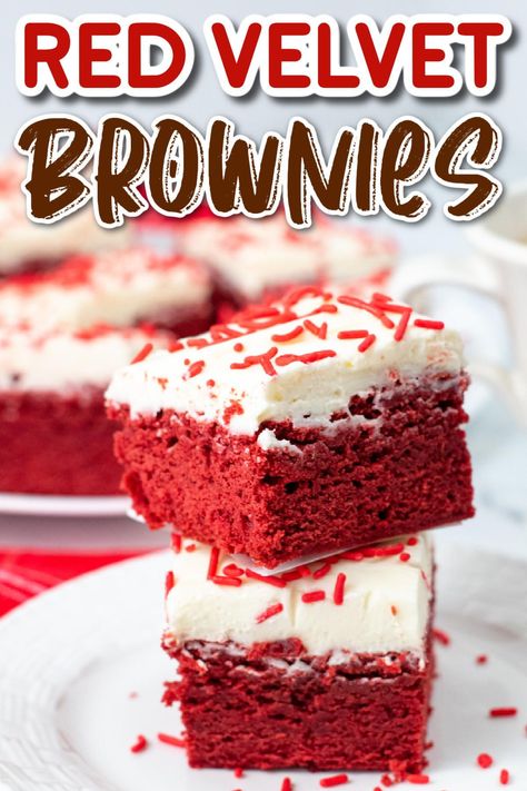 These amazing Red Velvet Brownies are deliciously dense, chewy and chocolatey! Make the brownie recipe then top them with a rich and tangy cream cheese frosting for the best ever Valentine’s Day treat! Homemade Brownie Recipes, Brownies With Cream Cheese Frosting, Red Velvet Brownies Recipe, Brownies With Cream Cheese, Red Velvet Desserts, Velvet Brownies, Red Velvet Brownies, Best Brunch Recipes, Cream Cheese Brownies