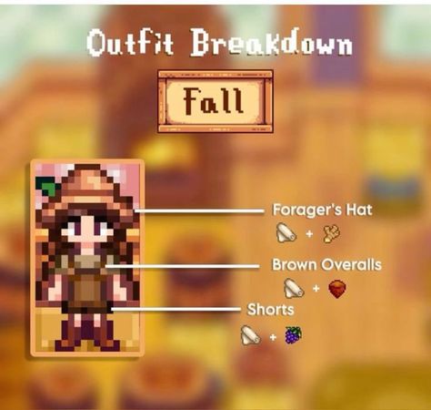 Stardew Valley Fall Guide, Stardew Valley Farm No Mods, Vanilla Stardew Valley Outfits, Stardew Clothing Guide, Stardew Sewing Recipes, Stardew Clothes Ideas, Stardew Valley Clothing Ideas, Stardew Valley Dye Guide, Stardew Valley Artifacts