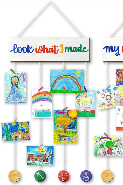 Look What I Made Art Display, Kindergarten Art Display Wall, Art Wall For Preschool Classroom, Look What I Made Wall, Art Wall Classroom Display, Classroom Artwork Display, Kids Art Work Display Ideas, Students Work Display Ideas, Display Student Work In Classroom