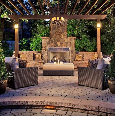 An outdoor fireplace design on your deck, patio or backyard living room instantly makes a perfect place for entertaining, creating a dramatic focal point. Outside Fireplace, Outdoor Living Space Design, Beautiful Outdoor Living Spaces, Outdoor Fireplace Designs, Outdoor Pavilion, Patio Projects, Backyard Fireplace, Pergola Design, Outdoor Living Rooms