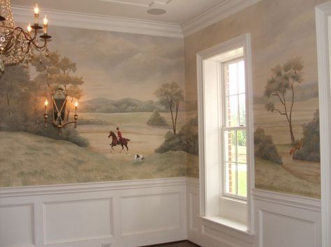 Hunt Scene Wallpaper, Fox Hunt Wallpaper, Fox Hunting Painting, Mural In Dining Room, Dining Room Mural Wallpaper, Hunting Mural, Dining Room Wall Mural, Mural Dining Room, Equestrian Wallpaper