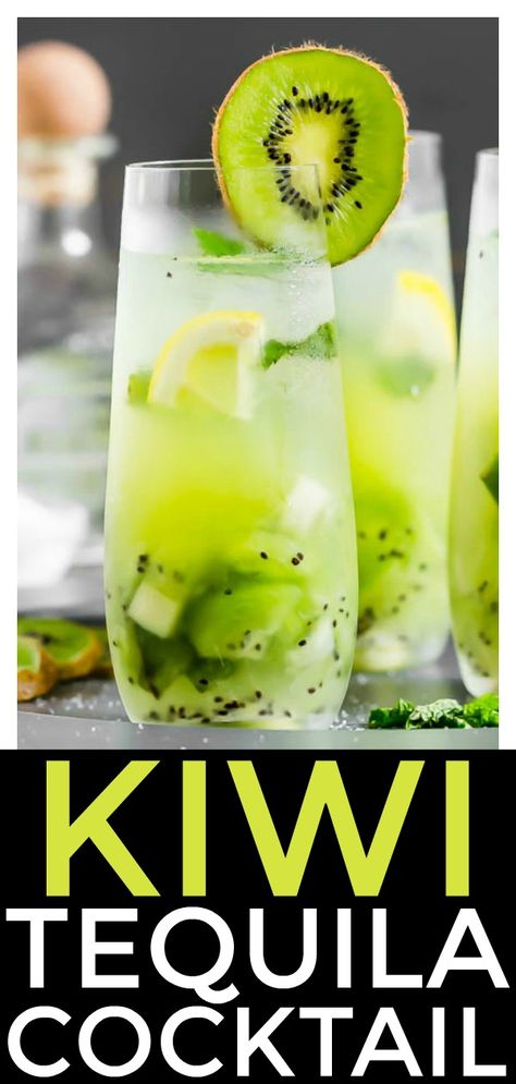 Tequila Kiwi Cocktail | This libation is the perfect way to toast summer!   With notes of fresh kiwis, cool mint, tequila and club soda it's refreshingly delicious!!  #tequila #kiwi #cocktail #drink #easy #recipe Tequila Smash, Kiwi Cocktail, Tequila Drinks Easy, Tequila Drinks Recipes, Tonic Cocktails, Strawberry Tequila, Cocktail Tequila, Fruity Alcohol Drinks, Easy Alcoholic Drinks