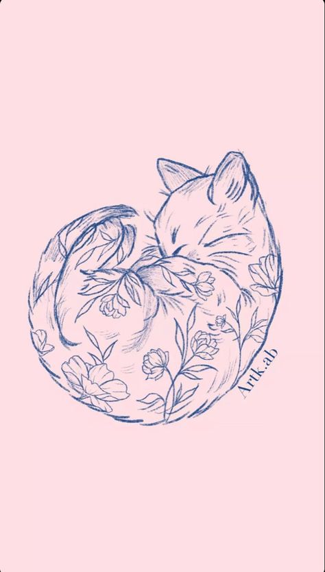 Lily And Cat Tattoo, Botanical Cat Tattoo, Cat With Flowers Drawing, Two Cats Drawing, Floral Cat Tattoo, White Cat Tattoo, Tattoo Concepts, Cat Tattoo Designs, Tiny Tattoo