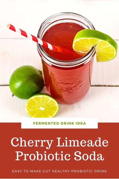 This homemade soda recipe isn’t your typical fizzy drink. It’s packed full of gut healthy probiotics, enzymes and no artificial colors or sweeteners. Cherry limeade soda is one of the most delicious fermented beverages, made with real fruit juice, a little sugar and whey. Start fermenting a bottle of this probiotic soda today! Probiotic Whey Soda, Diy Probiotic Soda, Prebiotic Soda Recipe, Homemade Soda Recipe, Water Keifer, Probiotic Soda, Fermented Soda, Fermented Beverages, Cherry Limeade Recipe