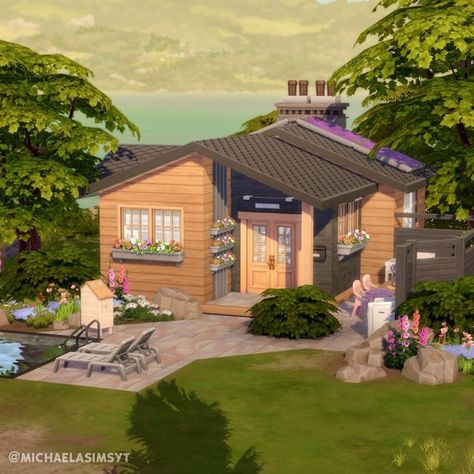 Michaela Sims | Sims 4 Builder ✨🇨🇿 on Instagram: "Small Copperdale Bungalow 🩷 A small bungalow for 2 sims and a cat with pink and purple color scheme and 64 tiles! The lot comes with a small outdoor dining space as well as a pool with sun beds.  🩷 Copperdale 🩷 20x15 🩷 $55,852  🩷 Origin ID: michaelasimsyt 🩷 Speed build on my YT channel, link in bio ________________ 🏷  the sims 4 | the sims 4 house | the sims 4 ideas | sims 4 speedbuild | sims 4 exterior  Game: @thesims | #thesims #thesims4 #sims4 #showusyourbuilds #ts4 #sims4build #simstagram #simsbuild" Pink And Purple Color Scheme, Small Outdoor Dining, Sims 4 Exterior, Sun Beds, Sims 4 House, Small Bungalow, The Sims 4, Pink And Purple, The Sims