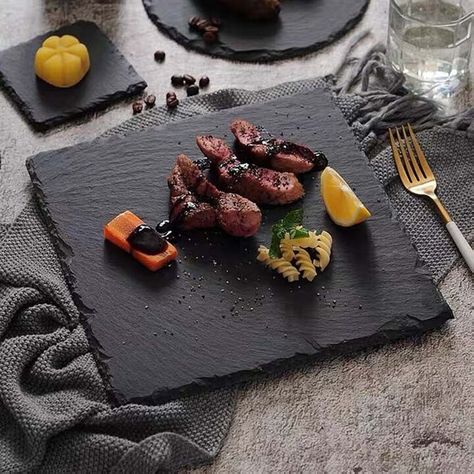 Black Tableware, Slate Plate, Dessert Sushi, Bbq Steak, Steak Plates, Stone Plate, Cold Appetizers, Sushi Plate, Awesome Food