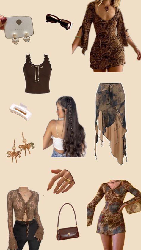 Skirts, dresses, tops, jewelry, accessories centralized around a brown color scheme. Inspired by 90s and early y2k looks, this collage showcases what looks can be sought after when going for a brown whimsigoth inspired look. Fashion collage ideas/ outfit inspiration. Thrifted fashion ideas. New style. Y2k Brown Outfit, Brown Y2k Outfit, Y2k Looks, Thrifted Fashion, Brown Y2k, Brown Color Schemes, Collage Ideas, Brown Outfit, Fashion Collage