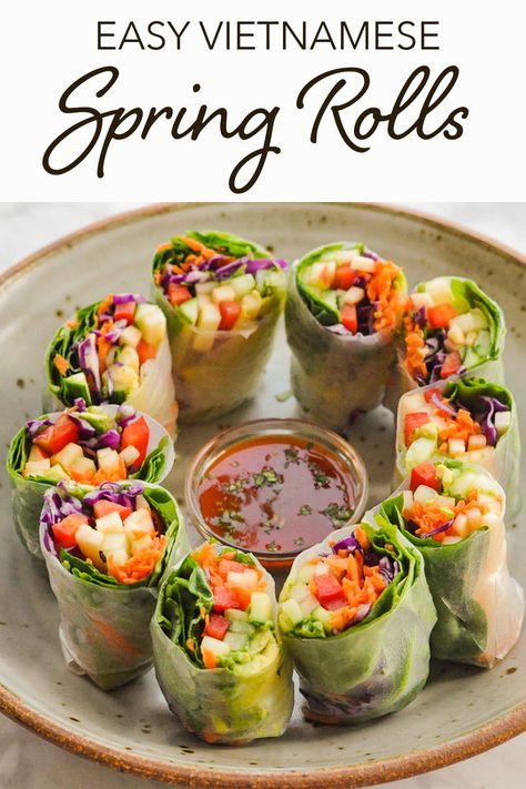 These Vegan Vietnamese Spring Rolls are the perfect appetizer, filled with flavor and crunch. They’re super easy to make, do not need a stove or oven, and make great starters or just a light main course! Try them with sweet and sour sauce or with a whisked crunchy peanut butter, water, and tamari sauce. No matter which dipping sauce you use, these spring rolls are absolutely delicious! #springrolls #recipe #vegan #plantbased #appetizer #asian Desserts Spring, Dessert Spring, Vegan Vietnamese, Dinner Spring, Vegan Spring Rolls, Vietnamese Spring Rolls, Tamari Sauce, Fresh Spring Rolls, Crunchy Peanut Butter