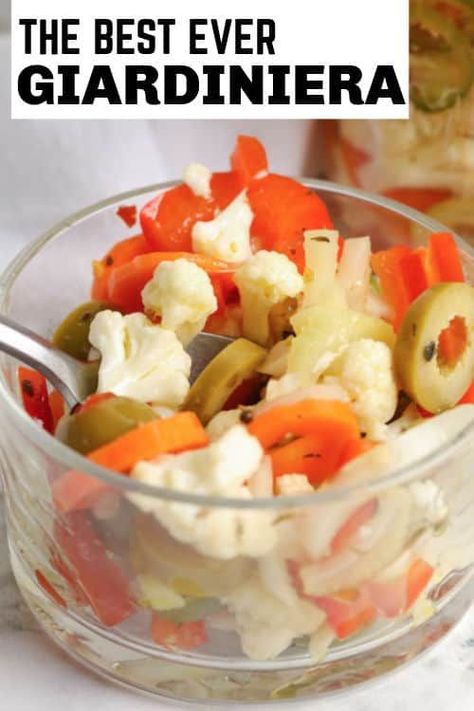 Giardiniera is a delicious combination of fresh veggies, pickled with spices until flavors blend. It can be made spicy or mild, depending on how many spices are added! #spendwithpennies #giardiniera #recipe #sidedish #fresh #pickled Gardeniera Recipe, Giardiniera Recipe Dishes, Canned Giardiniera Recipe, Hot Giardiniera Recipe Canning, How To Make Giardiniera, Homemade Giardiniera Recipe, Homemade Giardiniera, Pickled Veggies Recipe, Giardiniera Recipe