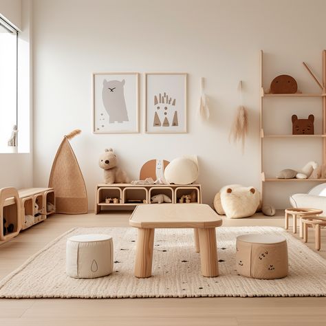 Montessori Storage Ideas, Montisorri Baby Room, Japandi Kids Room, Nanny Room, Scandinavian Playroom, Gender Neutral Playroom, Minimal Kids Room, Kids Room Desk, Kids Rooms Inspo