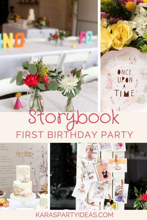 Storybook First Birthday Party via Kara's Party Ideas - KarasPartyIdeas.com (1) First Birthday Story Book Theme, Storybook Party Favors, One Year Old Book Birthday Party, Reading Themed Birthday Party, Story Book 1st Birthday, Book Themed Birthday Party Childrens, Chapter 1 First Birthday, Book Themed First Birthday Girl, Storybook Theme Birthday Party