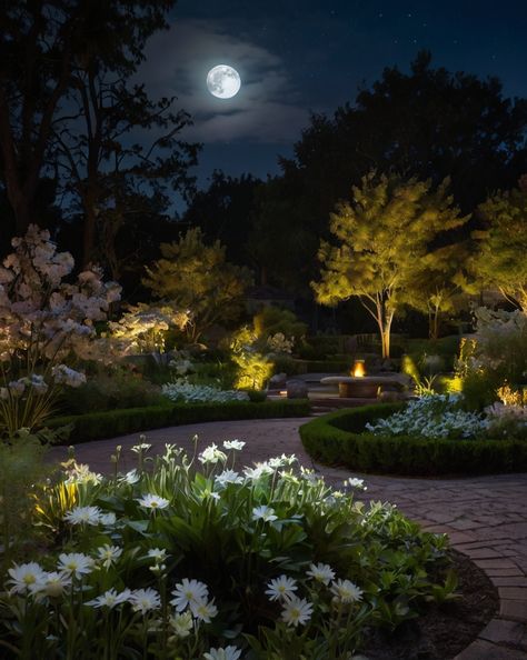 Transform your garden into a nighttime oasis! 🌙✨ Soft lighting and blooming flowers create a magical atmosphere.  Share your night garden photos below! . #homeandgarden #betterhomesandgardens #homegardening #homesandgardens #homegarden #gardenhome #gardeningathome Garden Night Aesthetic, Backyard At Night, Celestial Garden, Convent Garden, Goals 2025, Moonlit Garden, Garden Night, Garden At Night, In The Night Garden