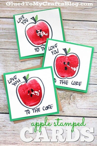 Apple Stamped “Love You To The Core” Cards - Teacher Appreciation Handmade Card Idea - FALL DIY Apple Crafts Preschool, Preschool Apple Theme, Teacher Appreciation Card, September Crafts, Apple Preschool, Apple Craft, Apple Activities, Teacher Appreciation Cards, Cards Halloween