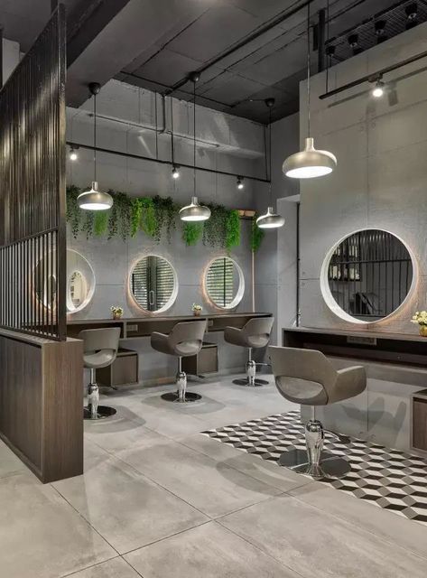 Gray Salon Ideas Interior Design, Hair Salon Industrial, Aesthetic Hairdresser Salon, High End Hair Salon Design, Sage Green Salon Aesthetic, Industrial Beauty Salon, Hairdresser Aesthetic Salon, Grey Hair Salon, Hair Salon Exterior