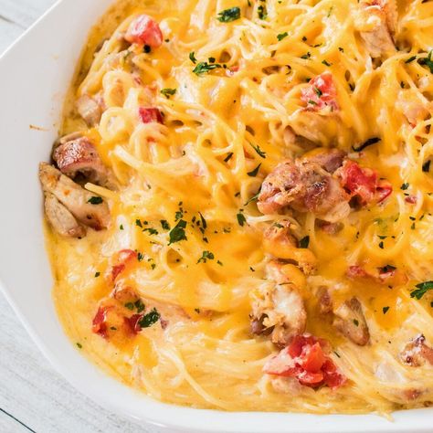 This Chicken Spaghetti with Rotel is a super easy spaghetti casserole dish for weeknight family dinners! Loaded with creamy deliciousness from the Velveeta and cream cheeses! @ Bake It With Love | #bakeitwithlove #chickenspaghetti #roteltomatoes #dicedchilies #velveeta #creamcheese #casserole #chickendinner #pastabake #bakedspaghetti Chicken Spaghetti Recipe With Rotel, Chicken Spaghetti Velveeta, Chicken Spaghetti Recipe Crockpot, Chicken Spaghetti With Rotel, Spaghetti With Rotel, Easy Chicken Spaghetti Recipe, Rotel Chicken Spaghetti, Easy Chicken Spaghetti, Crockpot Chicken Spaghetti