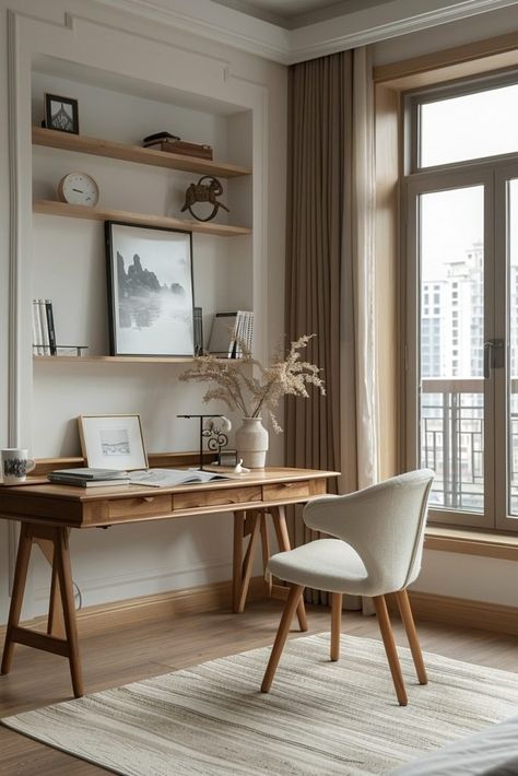 29 Study Desk Decor Ideas to Inspire Productivity and Style - DeskHive Scandinavian Apartment Decor Ideas, Scandinavian Study Table, Study Desk Decor Ideas, White Desk Design, Simple Study Desk, Light Wood Desk, Desk Decor Ideas, Desk Arrangements, Study Desks