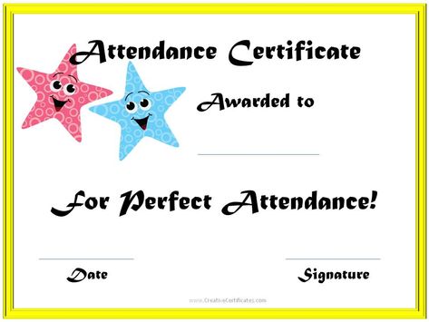 School attendance award Perfect Attendance Award, Perfect Attendance Certificate, Attendance Certificate, Free Printable Certificate Templates, Preschool Assessment, Free Printable Certificates, Free Gift Certificate Template, Graduation Certificate, Counseling Tools