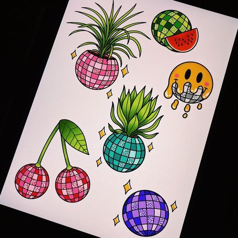 Traditional Style Disco Ball Tattoo, Disco Drawing Art, Disco Fruit Art, Disco Ball Tattoo Color, Disco Ball Plant Tattoo, Melting Disco Ball Tattoo, American Traditional Disco Ball Tattoo, Traditional Disco Ball Tattoo, Disco Ball Fruit