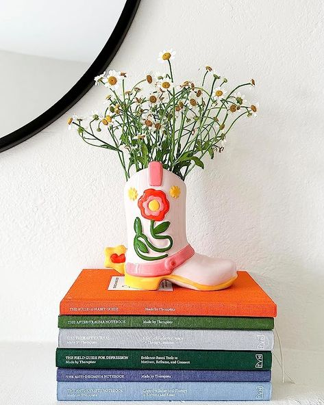 Small Cowboy Boot Vase, Colorful Ceramic Shelf Decor, Unique Flower Vase - Aesthetic home decor Cowboy Boot Vase, Ceramic Shelf, Vase Colorful, Boot Vase, Large Flower Vases, Cute Cowgirl Boots, Unique Flower Vases, Pencil Cup, Colorful Ceramics