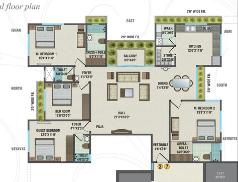 4bhk Apartment Plan Layout, 3 Bhk House Plan Indian Vastu, 4bhk Flat Plan Layout, 4bhk Flat Plan, 1500 Sq Ft House Plans, Staff Housing, Residential Plan, One Floor House Plans, Chettinad House