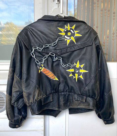 DIY morningstar weapon on leather jacket. Leather Jacket, Leather