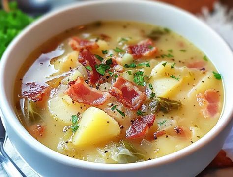 Irish Bacon Cabbage and Potato Soup Cabbage And Potato Soup With Bacon, Irish Bacon And Cabbage Soup, Bacon Cabbage Potato Soup, Irish Cabbage Soup, Irish Bacon Cabbage And Potato Soup, Cabbage And Potato Soup, Irish Soup, Bacon Cabbage, Cabbage Potato Soup