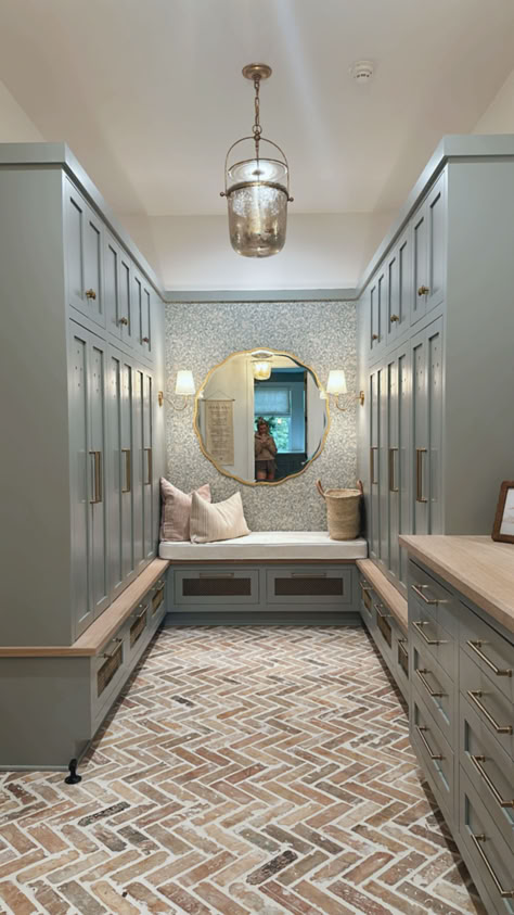 The mudroom is one of my favorite spaces in our home! I love the brick flooring and wallpaper details! Mudroom In Basement, Laundry Room With Brick Floor, Mud Room Floor Ideas, Brick Floors, Farmhouse Mudroom, Garage Guest House, Mudroom Entryway, Mud Rooms, Mudroom Design