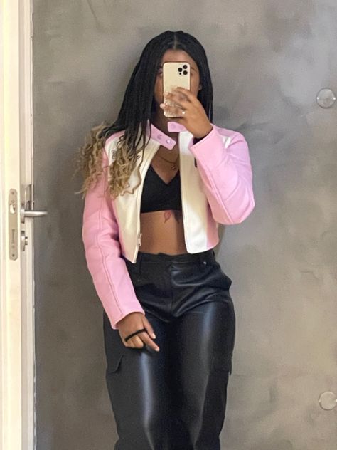 Black Leather trousers and pink biker jacket Pink Racer Jacket Outfit, Pink Biker Jacket Outfit, Pink Leather Jacket Outfit Aesthetic, Pink Motorcycle Jacket, Pink Biker Outfit, Racecar Jacket, Pink Leather Jacket Outfit, Skirt With Stockings, White Leather Jacket Outfit