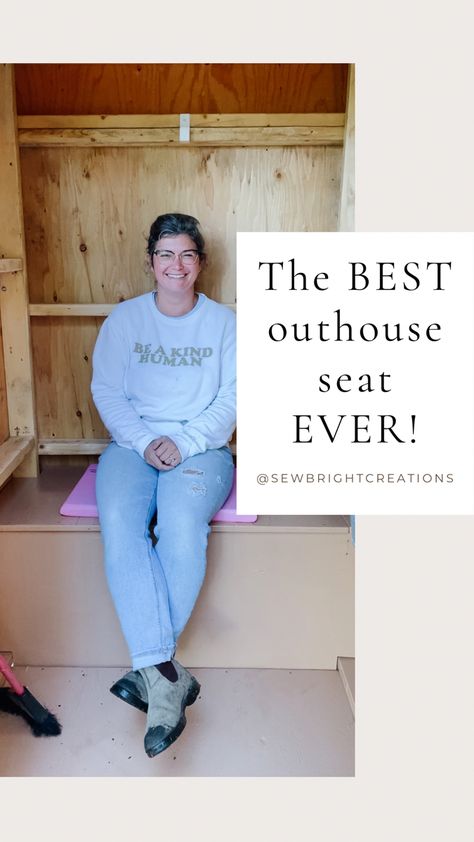 in an outhouse with a comfortable seat Inside Outhouse Ideas, Outhouse Interior Ideas, Nice Outhouse, Camping Outhouse, Log Outhouse, Outhouse Decorating Ideas, Diy Outhouse Bathroom, Outhouses Ideas, Fancy Outhouse