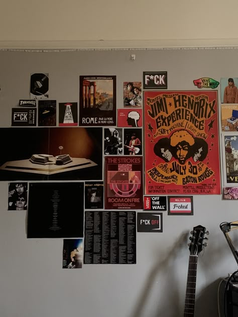 Mens Poster Wall, Men’s Poster Wall, Bedroom Posters Wall Ideas Vintage, Posters On Bedroom Wall Aesthetic, Band Themed Bedroom, Rock And Roll Dorm Room Ideas, Full Poster Wall Bedroom, Room Posters For Men, Music Poster Room Aesthetic