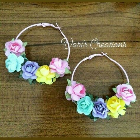 Floral hoop earrings! Can be made on your choice of colours! Order now! #variscreations #hoopearrings #floraljewellery Flower Jwellary, Wedding Flower Jewelry, Flower Hoop Earrings, Ear Climbers Earrings, Crystal Bridal Earrings, Ear Jacket Earring, Floral Hoops, Cute Diy, Fabric Flowers Diy