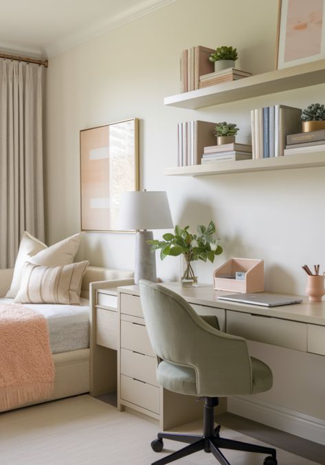 Turn your guest room into a dual-purpose space with these stylish design ideas! From choosing the right desk to creating a cozy sleep area, I’ll show you how to perfectly balance a guest bedroom and office in one. Make the most of your space with these simple yet effective tips! #GuestRoom #HomeOfficeDesign #SpaceSaving Daybed Desk Combo, Wfh In Bedroom, Office With Twin Bed, Built In Desk In Bedroom, Home Office And Bedroom Combo, Office And Vanity Room Combo, Spare Room Office Combo, Small Guest Bedroom Office Combo, Small Office Bedroom Combo