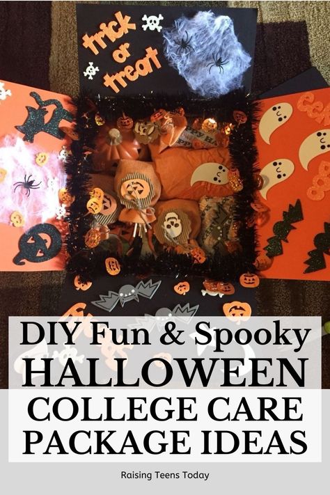 12 Best DIY Halloween College Care Package Ideas - Raising Teens Today Halloween Box For College Student, Halloween Gift Box Ideas, Halloween Care Package College, Diy Halloween Basket, Halloween Care Package Ideas, Soda Cakes, College Care Package Ideas, Halloween Package, College Help