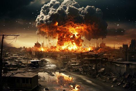 AI generated Image of explosion in city against dark background. Disaster and danger concept, accident and nuclear explosion of bomb in power plants for buildings, AI Generated Iron Legion, Nuclear Technology, Nuclear Explosion, Nuclear Disasters, Tree Saw, Sketches Simple, Cityscape Photos, Nature Backgrounds, Dark Background