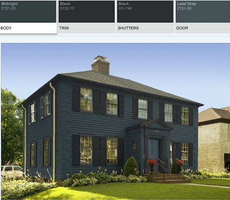 Dark Exterior House Color - Benjamin Moore Paint Color Tool Dark Green Colonial House Exterior, Masculine House, Navy House Exterior, Dark Exterior House Colors, Dark House Exterior, Dark Exterior House, Dark Blue House Exterior, Dark Blue Houses, Colonial House Exteriors