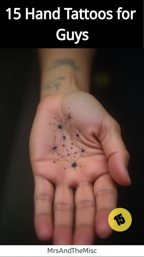 Hand Tattoos for Guys,Man's hand with dotwork constellation tattoo Finger Dot Tattoos, Unique Hand Tattoos, Celestial Inspiration, Simple Symbols, Traditional Dagger, Gear Tattoo, Hand Tattoo Ideas, Constellation Design, Dot Tattoos