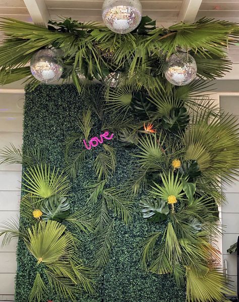 Disco Jungle Party, Disco And Greenery, Jungle Disco Theme, Jungle Bachelorette Party, Jungle Disco Party, Tropical Disco Party Decor, Jungle Fever Bachelorette, Enchanted Forest Disco, Jungle Disco