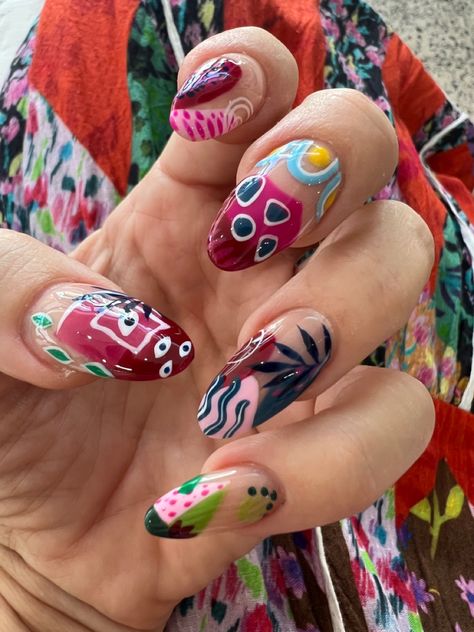 Gorgeous spring nails with floral, abstract and fun and bold color palette. Palm leaves island floral evil eye nail design by @delizguz Inspired by @jungalow #nailart #springnails #abstractnails #colorfulnails #evileyenails #springnails2023 Evil Eye Nail Design, Eye Nail Design, Patterned Nails, Evil Eye Nail, Nail Art 2023, Mix Match Nails, Evil Eye Nails, Abstract Nail, Funky Nail Art