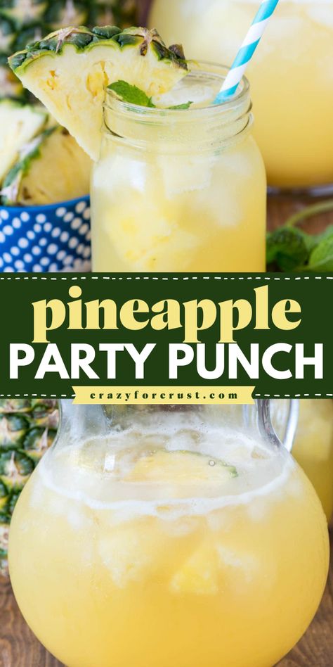 Need an alcoholic 4th of July party drink? Here's an easy-to-make Pineapple Party Punch! With a combo of prosecco, rum, and pineapple juice, this party punch for a crowd is refreshing. This summer cocktail recipe also has a non-alcoholic version! Pineapple Prosecco Cocktail, Gallon Drink Recipes Alcohol, July 4th Punch, 4th Of July Punch Alcohol, 4th Of July Cocktails For A Crowd, Summer Alcoholic Punch Recipes, Pineapple Drinks Alcohol, Summer Punch Alcohol, Rum Punch Recipes For A Crowd