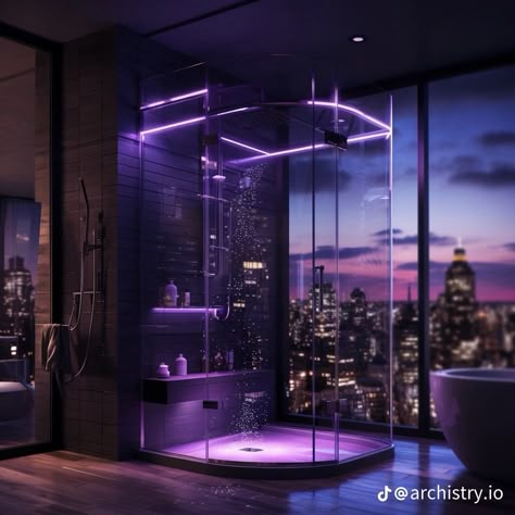 Bathrooms Aesthetic Big, Dark Purple Room Ideas, Big Bathroom Aesthetic, Pretty Showers, Dark Bathroom Aesthetic, Aesthetic Showers, Led Aesthetic, Shower Aesthetic, Aesthetic Shower