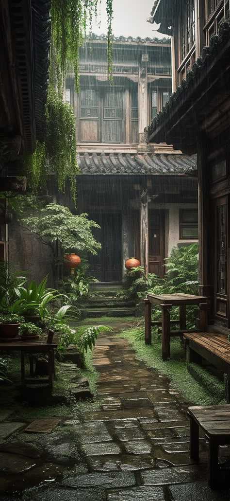 Chinese House Aesthetic, Asian Courtyard, Chinese Forest Aesthetic, Asian Countryside Aesthetic, Japanese Garden Fantasy Art, Overgrown Japanese City, Japanese Courtyard Garden, Japan Bamboo Forest Aesthetic, Asian House