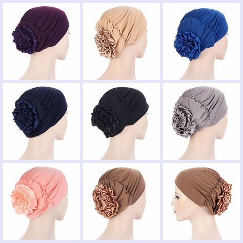 African Head Scarf, Scarf Turban, Chemo Beanies, Turban Hijab, Hijab Caps, Beautiful Flower Designs, African Head Wraps, Elegant Hats, Head Wrap Scarf