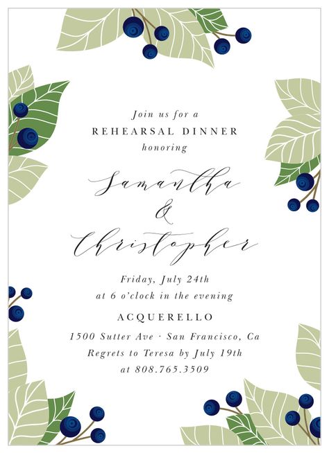 Blueberry Garden Rehearsal Dinner Invitations Garden Rehearsal Dinner, Italian Rehearsal Dinner, Blueberry Garden, Blueberry Gardening, Pet Holiday Cards, Christening Thank You Cards, Vow Renewal Invitations, Wedding Announcements Photos, Business Holiday Cards