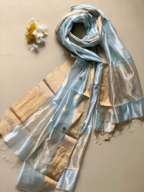 Sky blue silk dupatta with golden zari Designer Dupatta, Silk Dupatta, New Arrival, Sky Blue, Blue Sky, Online Store, India, Pure Products, Silk