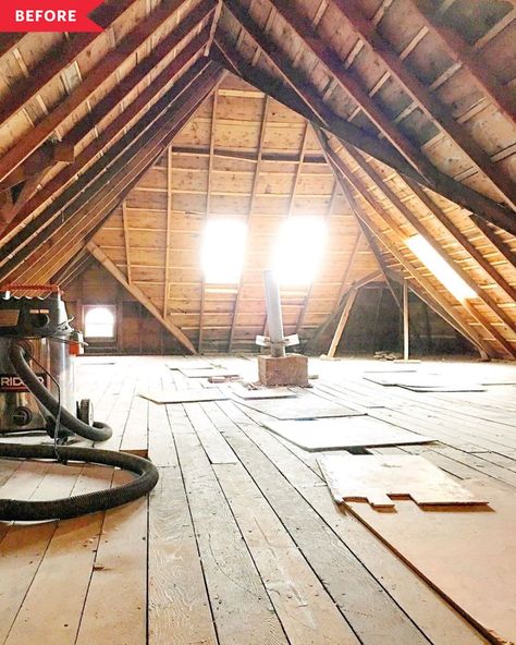 Credit: <a href="https://www.vintagesocietyco.com/project-attic-update-our-white-shiplap-attic-family-room/">B Vintage Co</a> Shiplap Attic, Attic Ideas Hangout, Small Attic Ideas Low Ceilings, Attic Family Room, Attic Conversion Ideas, Attic Room Ideas, Small Attics, Attic Makeover, Airy Bedroom