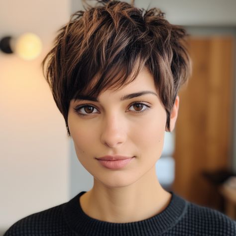 Pixie with Textured Top and Side Bangs Haircut For Square Face, Square Face Hairstyles, Bob Cuts, Short Hair Pixie Cuts, Pixie Haircut For Thick Hair, Hair Inspiration Short, Messy Short Hair, Square Face, Edgy Short Hair